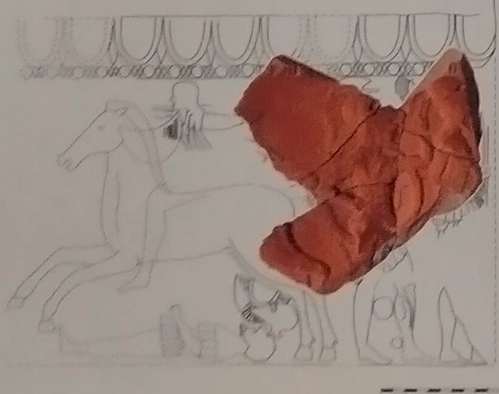 A sketch showing the likely full relief of Ancient Greek hoplite warriors from Sozopol, of which the newly discovered fragment is a part. Photo: Archaeologist Margarit Damyanov, 2020 Bulgarian Archaeology Exhibition poster