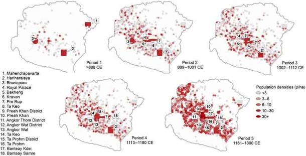 In order to understand the so-called Khmer exodus, the study assessed the densities of people per hectare in the greater Angkor region over time. (C. Pottier, D. Evans and J-B. Chevance /  CC BY-ND )