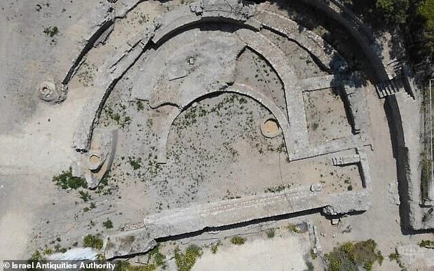 An aerial shot of the odeon added during renovations to the basilica in the second and third centuries AD