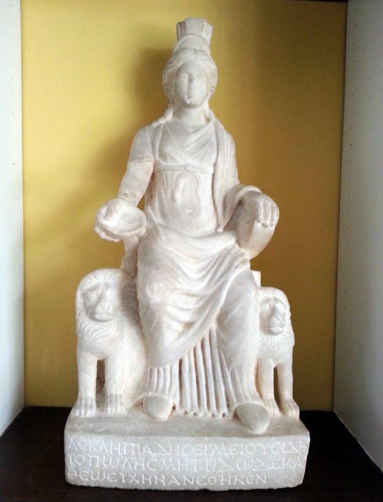 The marble statue of Cybele features lions on either side. 