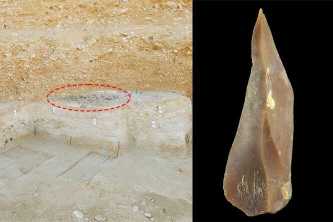 (L-R) View of the Boker Tachtit excavation site. Circled: a group of unearthed flint stone artifacts; Flint point representative of the Upper Paleolithic in Boker Tachtit Photo: Clara Amit, Israel Antiquities Authority]