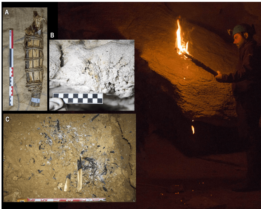 Examples of replicated paleolithic torche. Notice combustion marks left on the cave walls (B) and fallen remains from the torch on the cave floor (C). Photo: PLOS ONE.