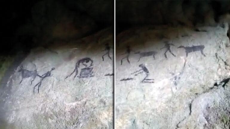 The cave’s walls are adorned with drawings showing a “hunt” for animals resembling cows and how to breed them.  Photo: İHA