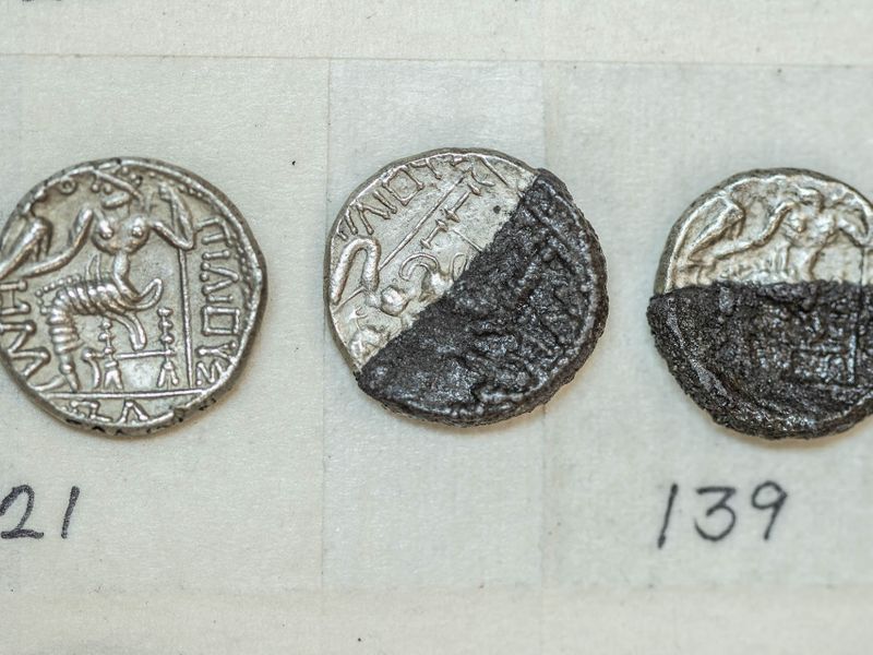 According to Sharjah Archaeology Authority, the first issues of the minted coins depicted icons of that period, including the head of Hercules (represented by Alexander the Great) and Zeus (the Greek god sitting on his throne), in addition to the word ‘Alexander’ engraved in Greek script.