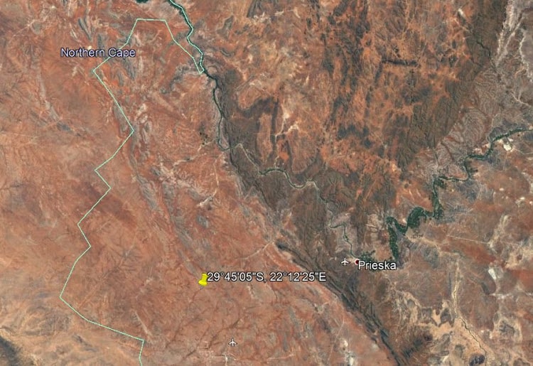 The yellow pin shows the location of Bundu Farm in the Northern Cape.