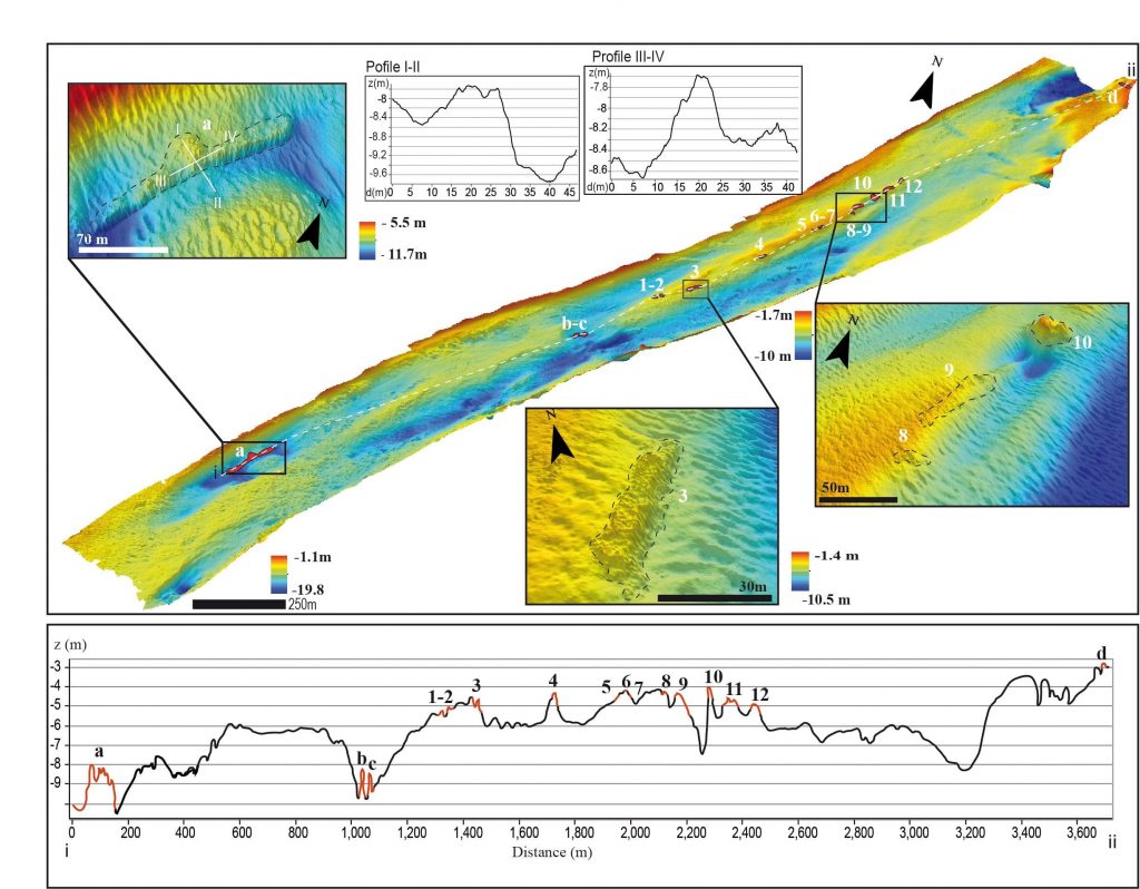 High resolution bathymetry of the Treporti Channel. The zoomed-in images show the details of some of the archaeological structures, one of which could possibly be part of a harbour (top left) Photo: Federica Foglini