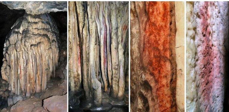 This combination of pictures obtained on July 29, 2021, shows a general view and close-up of a partly colored stalagmite tower in the Spanish cave of Ardales, southern Spain.