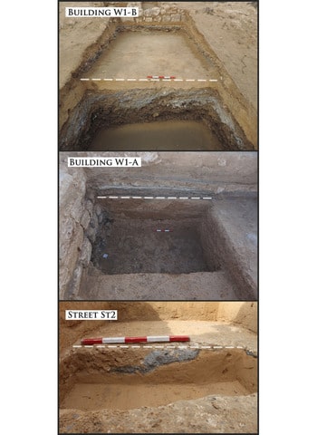 Levelling layers under buildings W1-B, W1-A and St2. The white dotted line marks the top of the levelling layers (photographs by Mariusz Gwiazda)