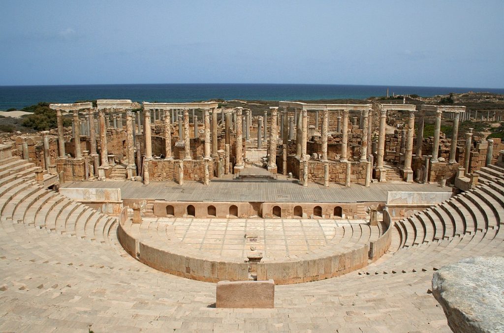 The theater of Leptis Magna with a capacity of 15,000 spectators on its arched terraces overlooking the sea.