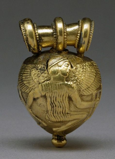 Etruscan Gold Bulla with Daedalus and Icarus, 5th Century BCA “bulla” is a hollow pendant that could hold perfume or a charm.