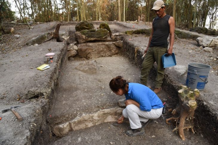 Melina García (front) excavates the central part of Aguada Fenix, the largest and oldest Maya monument ever uncovered. A team of UArizona researchers reported on the discovery in 2020