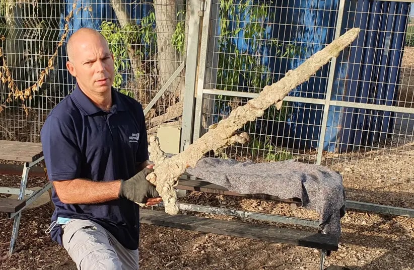 The 900-year-old Crusader-era sword is seen being brandished by Israel Antiquities Authority inspector Nir Distelfeld. Photo: Anastasia Shapiro/Israel Antiquities Authority