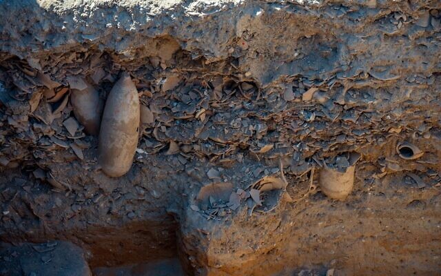 Trash area of Yavne Byzantine winepress site where broken fragments of jars were thrown (Yaniv Berman/IAA)