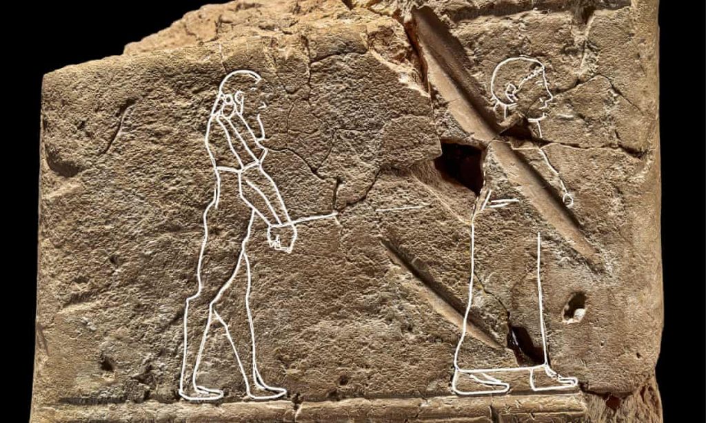 A lonely spirit being led to eternal bliss by a lover on a Babylonian clay tablet. White line tracing © James Fraser and Chris Cobb for The First Ghosts, by Irving Finkel. Photograph: The British Museum