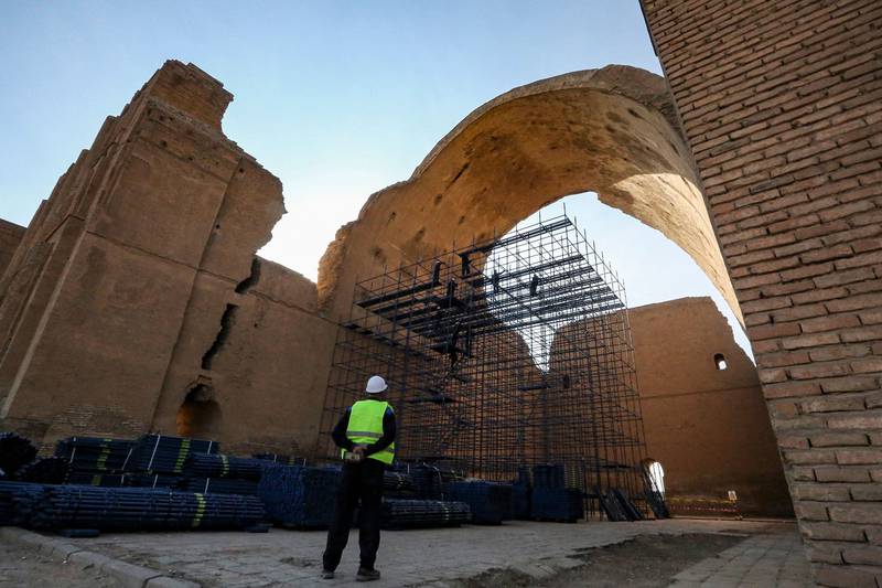 Scaffolding at the ancient Arch of Ctesiphon, also known as Taq Kisra, at near modern Al Madain in central Iraq. Photo: AFP