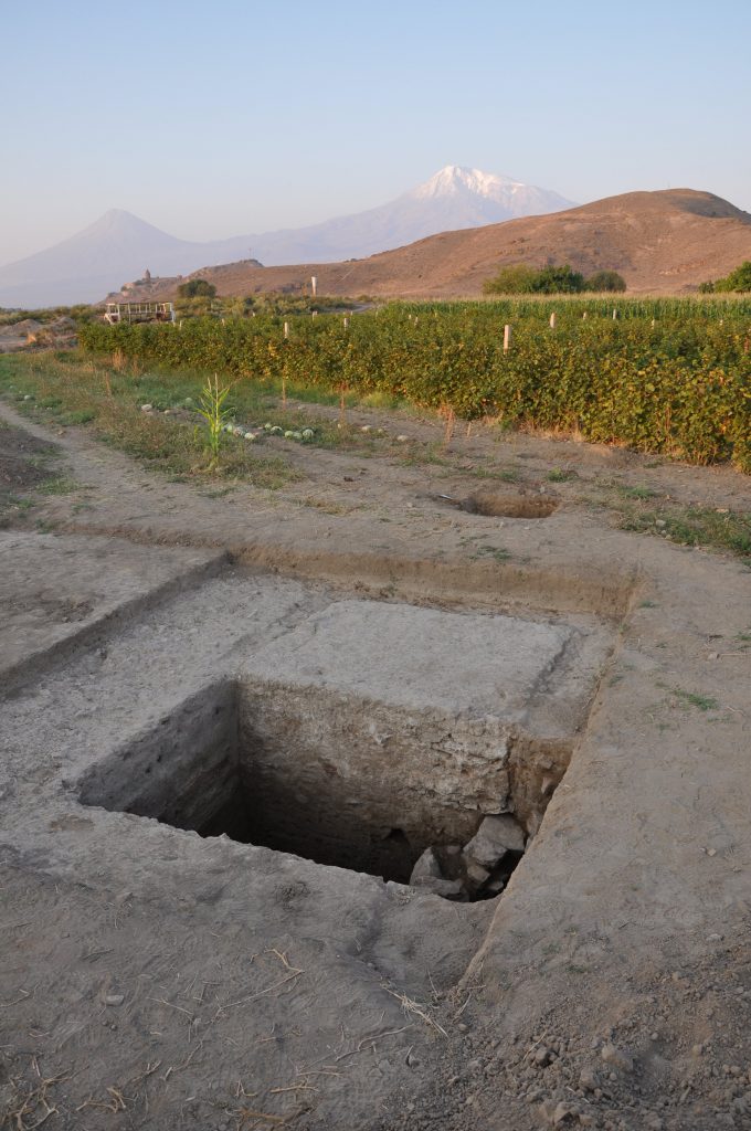 In the background of the excavation area is the hillock in Artaxata on which is located the Khor Virap monastery, with Mount Ararat behind it. Photo: Artaxata project