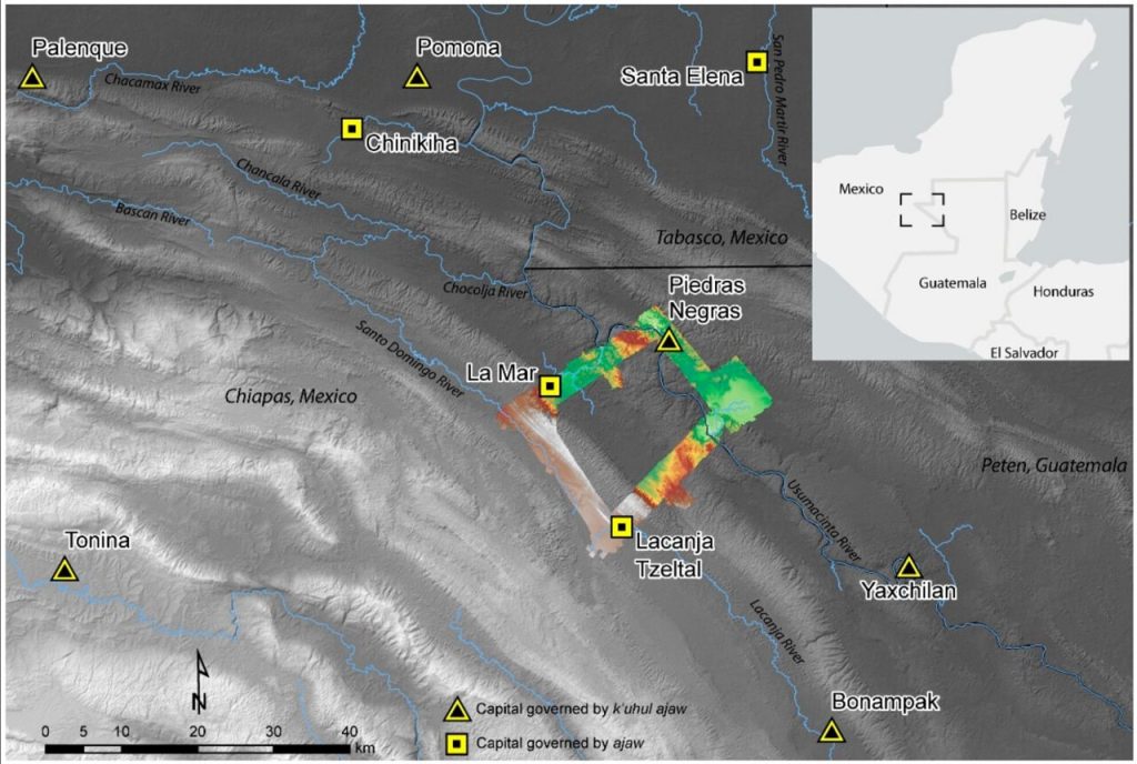 The research team surveyed a small area in the Western Maya Lowlands situated at today’s border between Mexico and Guatemala, shown in context here.