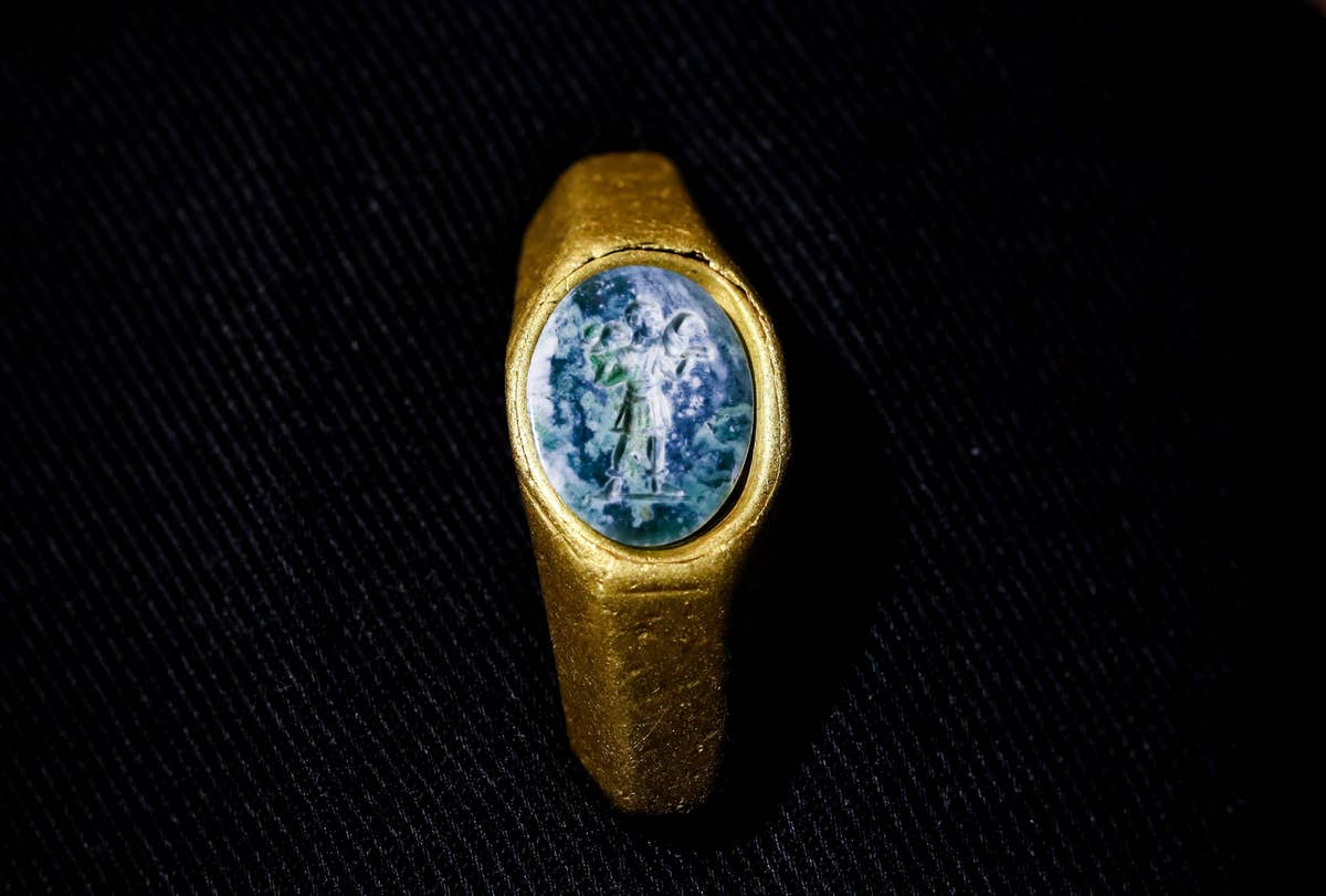 A gold ring engraved with the figure of the Good Shepherd was discovered off the coast of Caesarea. Photo: Ohad Zwigenberg