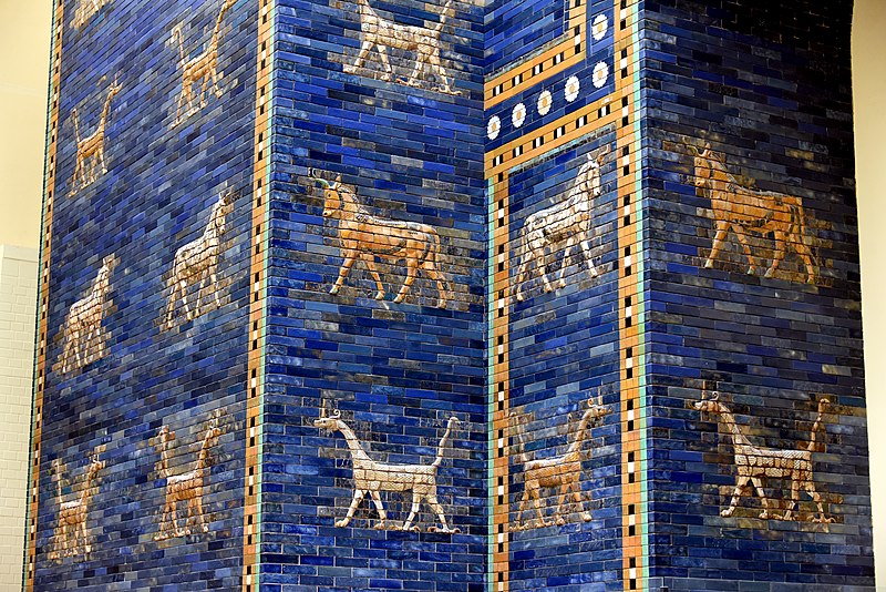  Dragons (mušḫuššu, representing the god Marduk) and aurochs (bulls, representing the god Adad) from the 3rd building phase of the Ishtar Gate of Babylon.