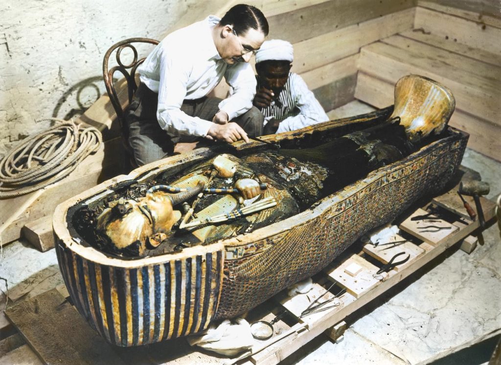Howard Carter removing oils from the coffin of Tutankhamun. The British Archaeologist discovered the pharaoh's tomb in 1922
