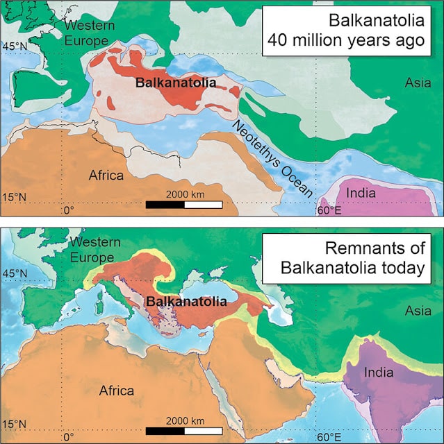 Map showing Balkanatolia 40 million years ago and at the present day [Credit: Alexis Licht & Grégoire Métais]