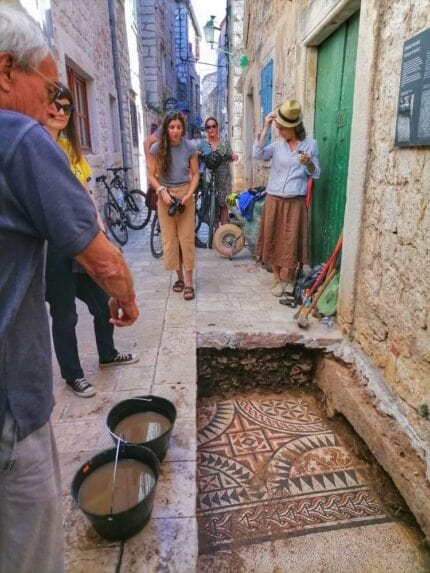In the Old Town on the Adriatic island of Hvar, Croatia, a Roman mosaic was unearthed beneath a narrow street.