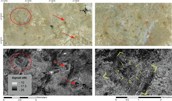 Optical and radar scenes of the opportunistically observed rectangular feature (circled in red) near Al Kharrara.