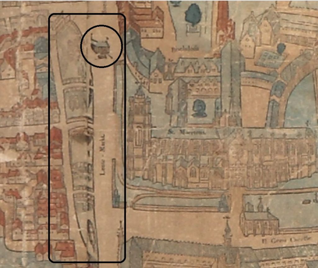 A medieval map depicting Leper's harbor area and loading crane. The wooden foundations are now found in exactly that spot.