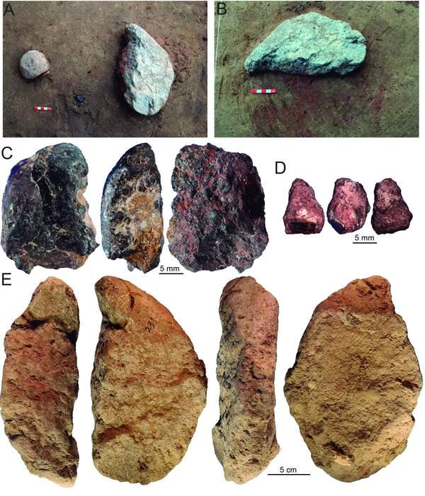 Ochre pieces and stone processing equipment laying on a red-stained pigment patch. Credit: Fa-Gang Wang, Francesco d’Errico / Wang et al., Innovative ochre processing and tool-use in China 40,000 years ago. Nature. 2022