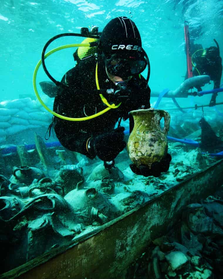 Archaeologists say the merchant vessel’s cargo has been miraculously preserved. Photograph: Jose A Moya/Arqueomallornauta - Consell de Mallorca, Universitat de Barcelona, Universidad de Cádiz, Universitat de les Illes Balears