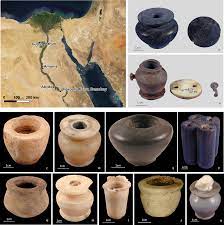 Map and pictures of the 11 kohl containers from the Petrie Museum.