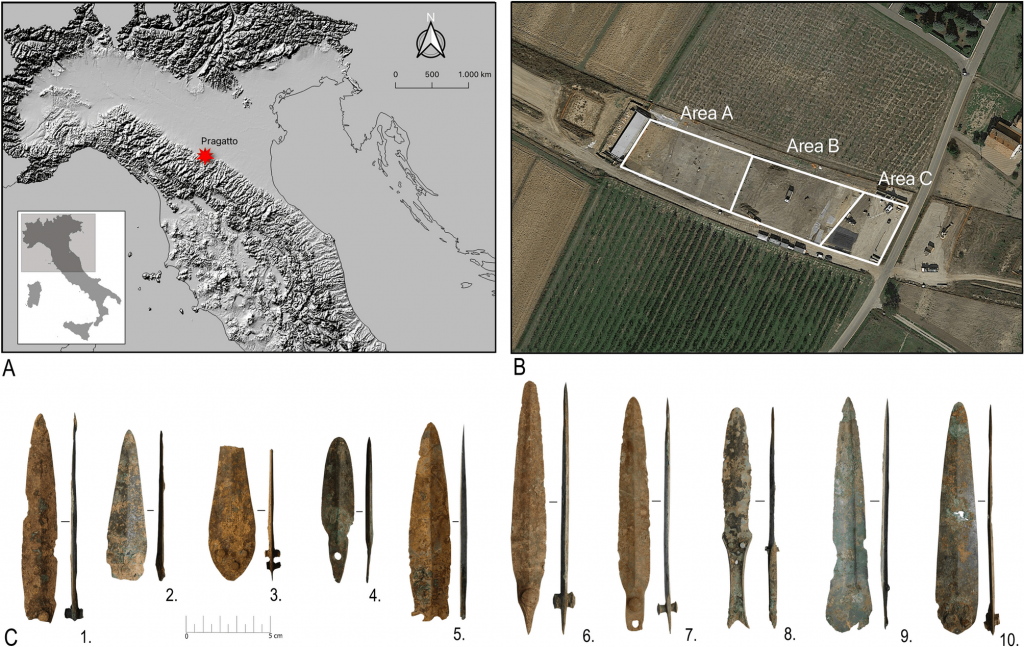 ( A ) Site konumu, ( B ) A, B ve C kazı alanlarını vurgulayan sitenin havadan görünümü (kaynak: Google Earth), ( C ) Araştırma kapsamında incelenen bakır alaşımlı hançerler. Source: Scientific Reports