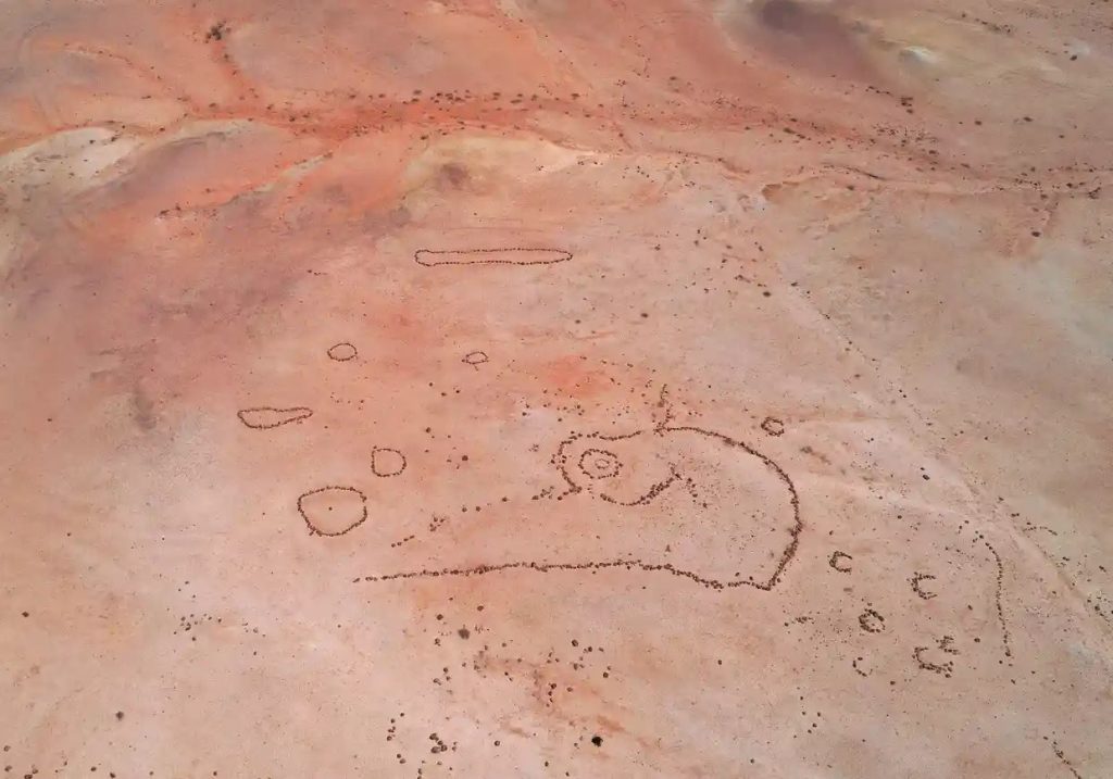 A newly rediscovered ancient giant “Scorpious Stone Arrangement” in the remote desert of far western QLD, is offering new clues about the Mithika indigenous history. Photograph: Lyndon Mechielsen