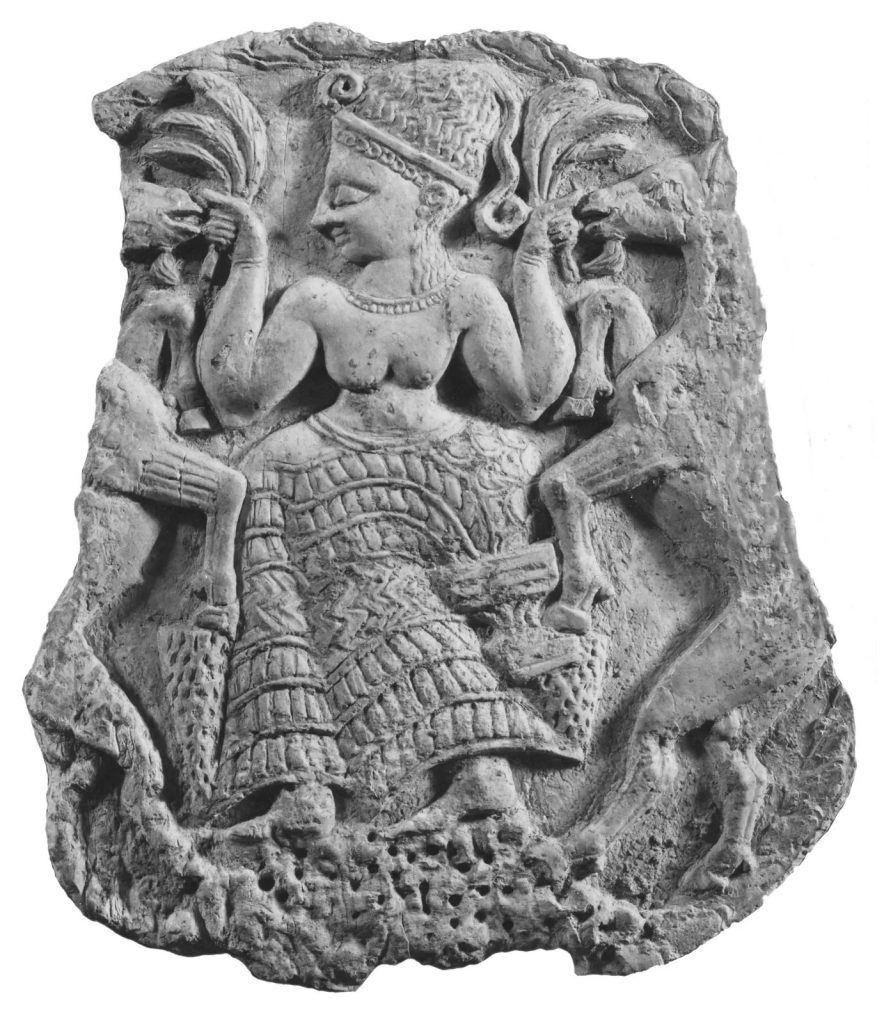 Asherah, detail from an ivory box from Mīna al-Bayḍā near Ras Shamra (Ugarit), Syria, c. 1300 BCE; in the Louvre, Paris.
