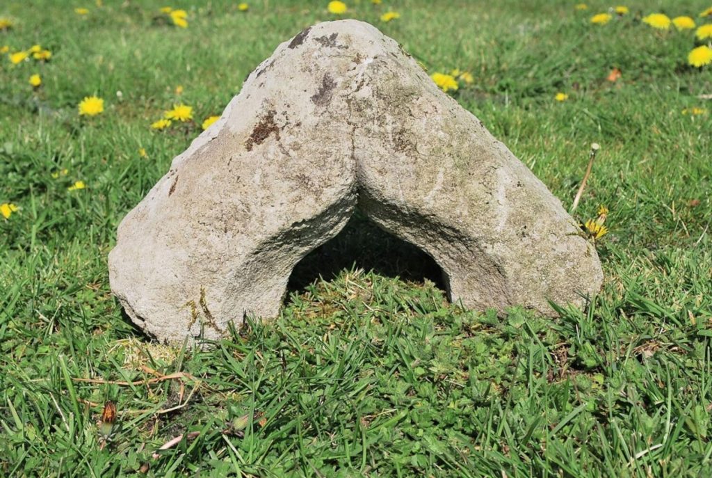 The carving is on the sloped aspect on the left side of this stone, which formed the top of the ogee window.