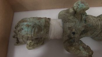 Large bronze figurine among relics freshly unearthed from China's Sanxingdui Ruins