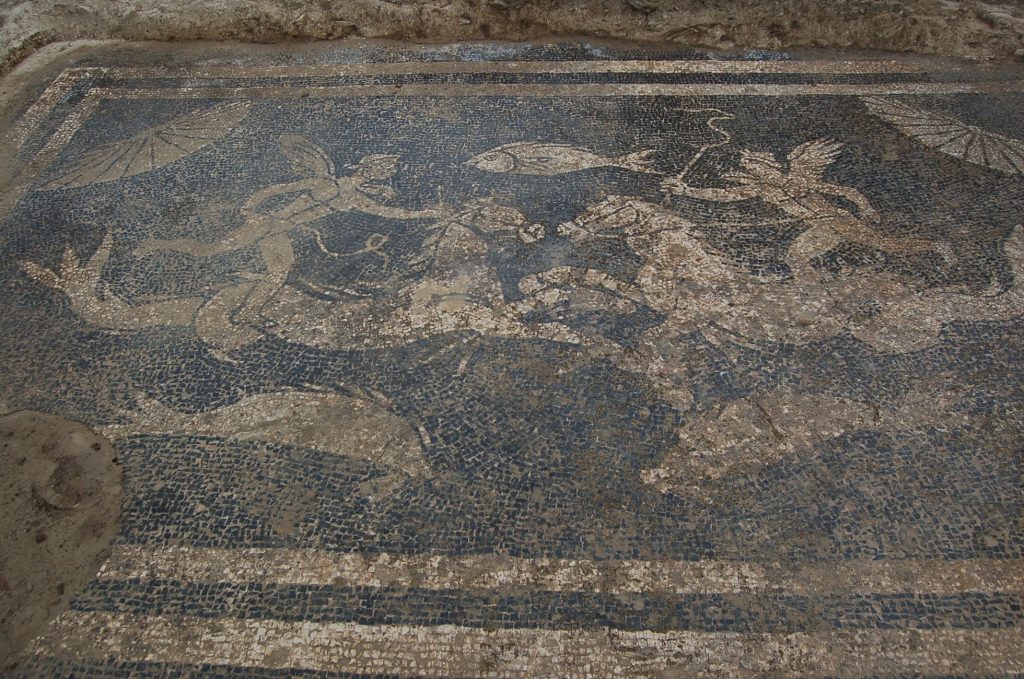 A detail of the black and white mosaic found at the Forau de la Tuta site in 2021.