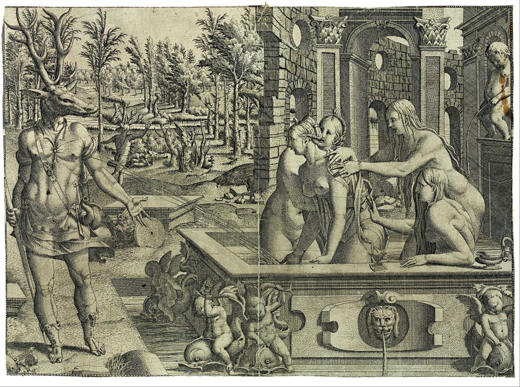 Print by Jean Mignon, The Transformation of Actaeon, with his pursuit and death shown in the background