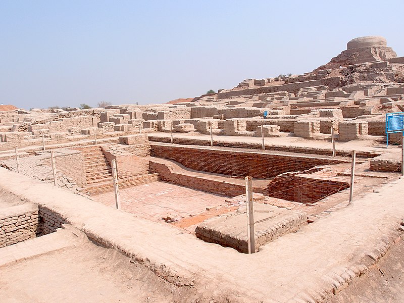Excavated ruins of Mohenjo-Daro, with the Great Bath in the foreground and the granary mound in the background. Photo: Saqib Qayyum