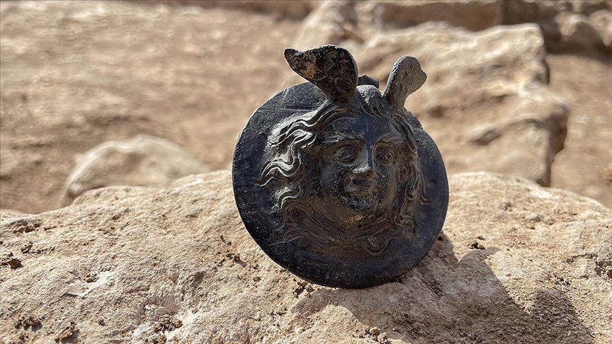 Bronze military medal with Medusa head found in ancient city of Perre in Adiyaman province