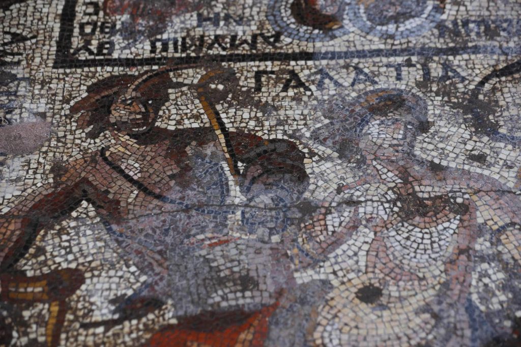 A detail of a large mosaic that dates back to the Roman era is seen in the town of Rastan, Syria. OMAR SANADIKI/AP