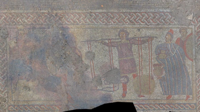 A newly found mosaic at the site. Photo: Historic England