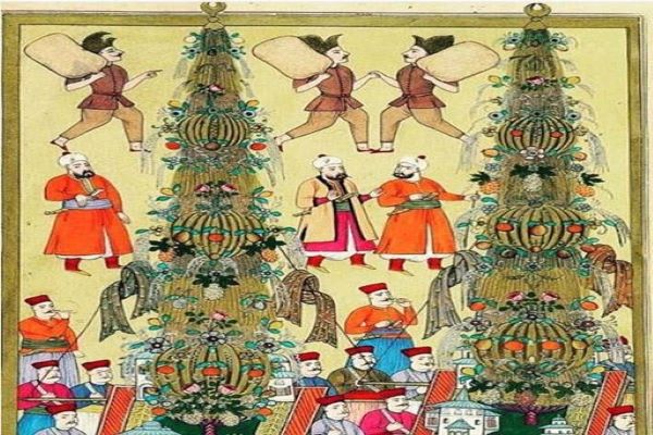 A miniature showing the tradition of tree decoration in the Ottoman Empire.