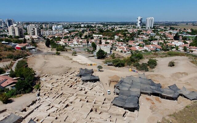 The archaeological site in Yavne, with the city in the background, in an undated photo released. Photo: Assaf Peretz/Israel Antiquities Authority
