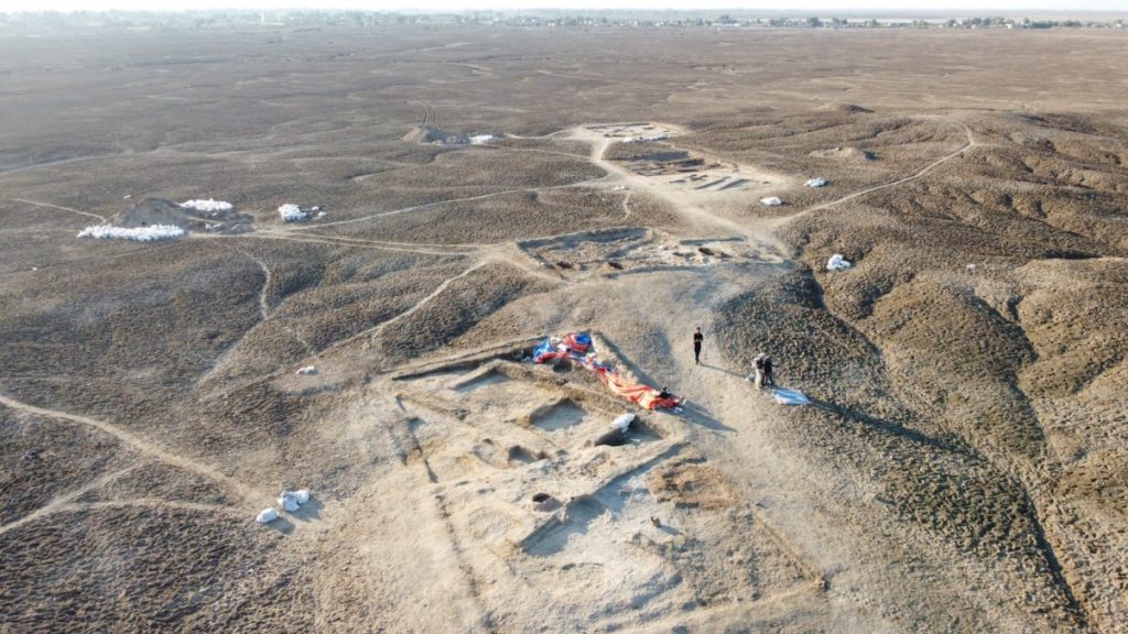 Aerial view of Lagash Ancient City excavation site. The closest trench shows the tavern with a type of clay refrigerator called a “zeer,” an oven, and benches. Photo: Lagash Archaeological Project