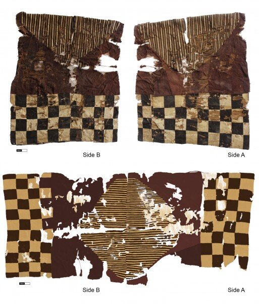 1 / 1Unku found in Caleta Vitor Bay. Top: sides A and B from the wearer’s point of view (photographs by Paola Salgado); bottom: illustration of the tapestry tunic from the weaver’s position and viewpoint (illustration by Paola Salgado).