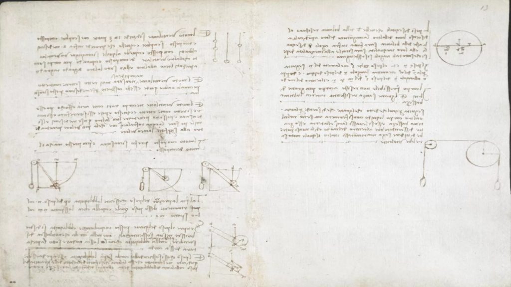 A photograph of one of Leonardo da Vinci's sketches of experiments to understand gravity. Photo: British Library