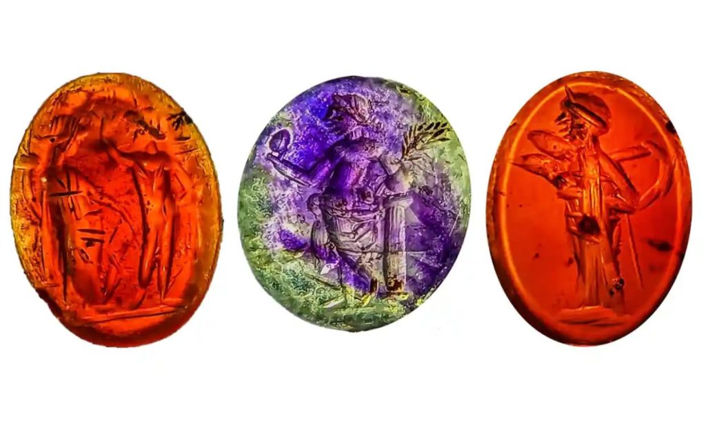 Three of the semi-precious stones discovered by archaeologists near Hadrian’s Wall. Photo: Anna Giecco
