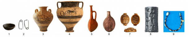 Imported goods from Sardinia (1), Italy (2), Crete (3), Greece (4), Türkiye (5), Israel (6), Egypt (7), Iraq (8), necklace with beads and a scarab (Ramesses II) from Egypt, Afghanistan and India (9) have all been found in Hala Sultan Tekke. ( University of Gothenburg / CC BY 4.0)