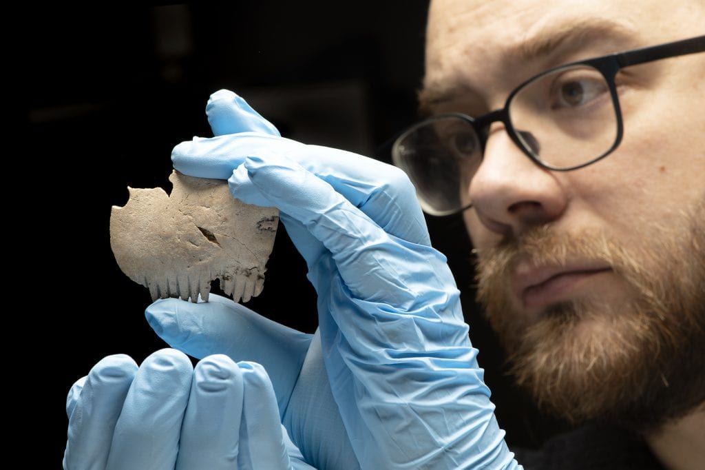 MOLA Find specialist Michael Marshall examining the Bar Hill comb. Photo: © MOLA.